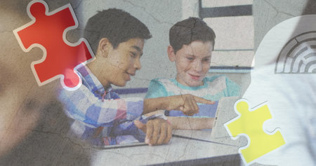 Image of puzzle over diverse students. Global education and digital interface concept digitally generated image.の写真素材