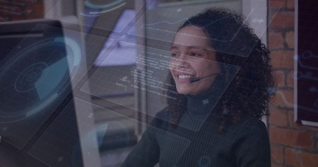 Image of data processing over biracial businesswoman using phone headset. Global business and...