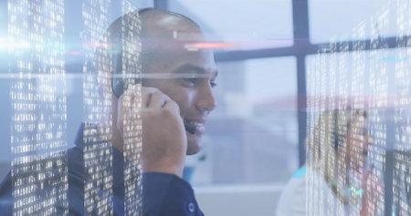 Image of moving columns over diverse business people. global business, technology and digital...