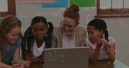Image of math formulas moving over diverse female teacher and pupils working on laptop. learning,...