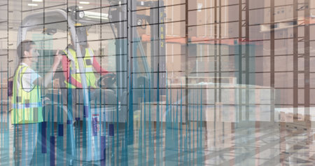 Image of data processing over diverse male and female workers discussing at the warehouse. Logistics...