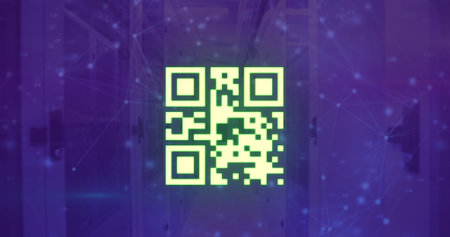 Image of qr code and network of connections over server room. Global technology, connections and digital interface concept digitally generated image.の写真素材