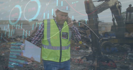 Image of data processing over junkyard worker. Global science, connections, data processing and...