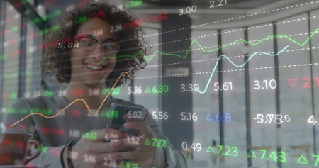 Image of data processing over biracial man using smartphone. Global business and digital interface...