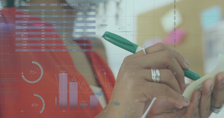 Image of data processing over caucasian woman using smartphone. Global science, connections, data...
