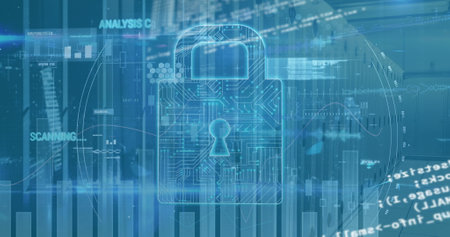 Image of digital data processing and digital interface and grid over blue background. Global data...