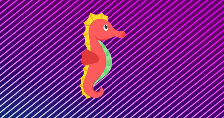 Image of seahorse over purple striped background. Colours, shapes and abstraction concept digitally generated image.の写真素材