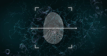 Image of finger print and network of connections over dark background. Global data processing concept digitally generated image.の写真素材