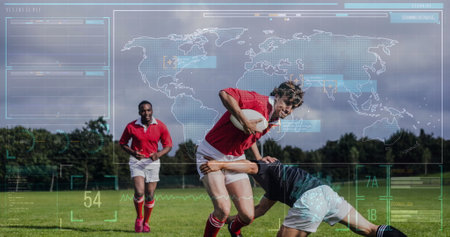 Image of data processing over diverse male rugby players. Global sport and digital interface concept digitally generated image.の写真素材