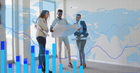 Image of data processing over diverse group of business people. Global business concept digital...