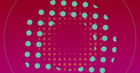 Image of green dots and circles over red and orange background. Colours, shapes and abstraction concept digitally generated image.の写真素材