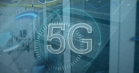 Image of scope scanning with 5g text over server room. Global technology, computing and digital interface concept digitally generated image.の写真素材