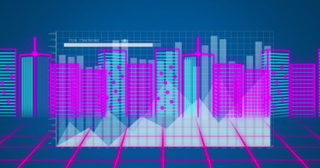 Image of data processing over 3d cityscape. Global networks, computing and data processing concept...