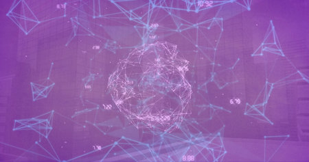 A digital network of connections is shown floating and spinning over modern buildings. The sphere in the center of the image represents global digital technology. The purple background symbolizes finance and digital connectivity.の写真素材