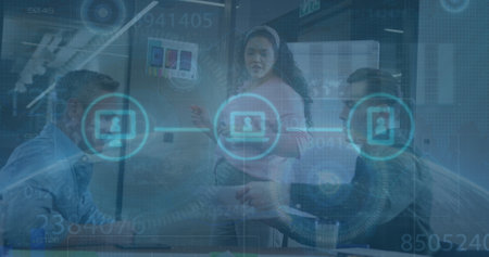 Image of financial data processing over business people in office. Global business, finance,...