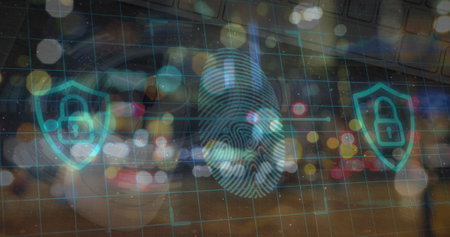 Image of radar, padlock in shields, fingerprint over mouse on table against moving vehicles. Digital...