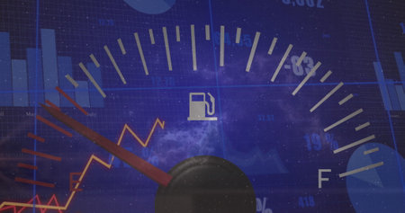 Image of speedometer, statistical data processing and light spot against clouds in the sky. Automobile engineering and business data technology conceptの写真素材