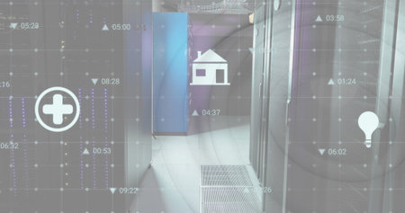 Image of multiple digital icons over grid network against computer server room. Computer interface...