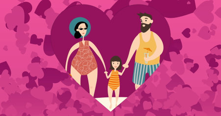 Image of multiple hearts over happy family with daughter at beach on pink background. Valentine&#39;s day, love and celebration concept, digitally generated image.の写真素材