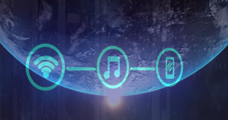 Image of network of digital icons over globe and light spot against computer server room. Global networking and business data storage technology conceptの写真素材