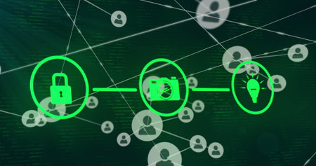 Image of padlock, camera, lightbulb icons forming flow chart over connected profile icons. Digitally...
