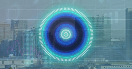 This image image shows financial graphs and data overlaid on a cityscape, representing the global...