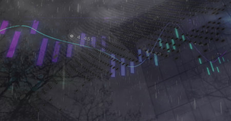 Image of data processing and world map over rain falling against tall building. Business data technology conceptの写真素材