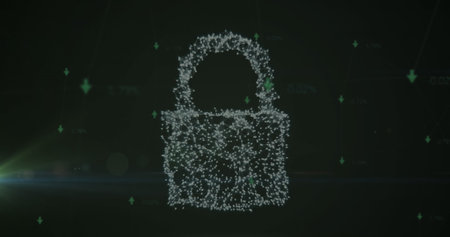 Image of network of connections and security padlock icon against light spot on black background....