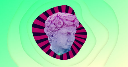 Image of antique head sculpture over stripes on green background. Abstract, shape, colour and movement concept digitally generated image.の写真素材