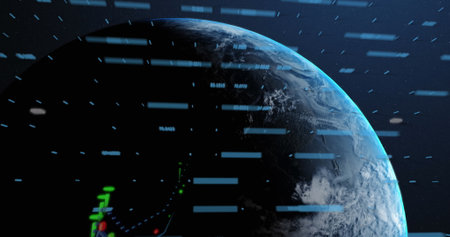 Image of statistics and data processing over earth globe on blue background. Global business,...