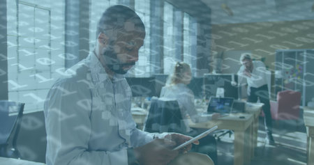 Image of data processing over african american businessman using tablet at office. Global business,...