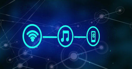 Image of wifi, music and phone icons forming flow chart over connected dots. Digitally generated,...