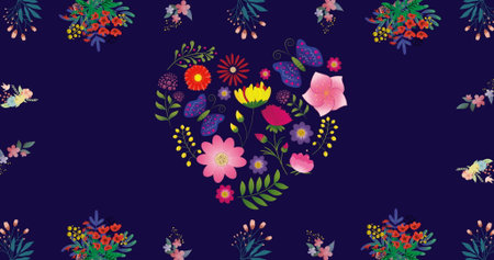 Image of flowers moving over hearts of flowers on blue background. Valentine's day, love and celebration concept, digitally generated image.の写真素材