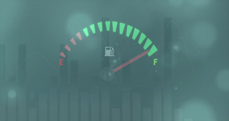 Image of speedometer and statistical data processing against spots of light on blue background. Automobile engineering and business data technology conceptの写真素材