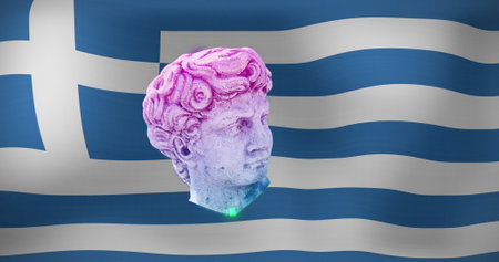 Image of antique head sculpture over greek flag background. Abstract, shape, colour and movement concept digitally generated image.の写真素材