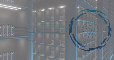 Image of fingerprint icon in circle over moving data server systems in room. Digital composite,...