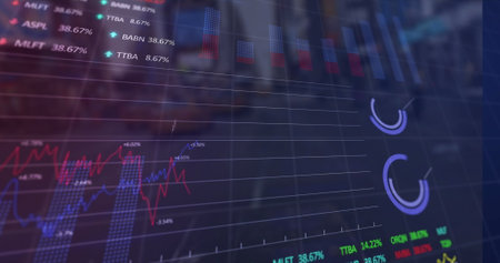 Image of financial data processing over grid. Global business, finance, computing and data processing concept digitally generated image.の写真素材