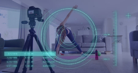 Image of data processing over caucasian woman exercising, recording fitness vlog. Global online...