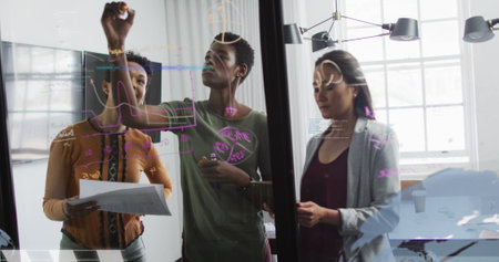 Image of data processing over diverse business people talking in office. Global business and digital interface concept digitally generated image.の写真素材