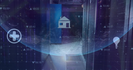 Image of multiple digital icons over globe against computer server room. Computer interface and...