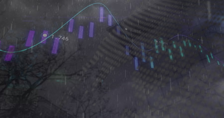 Image of data processing and world map over rain falling against tall building. Business data technology conceptの写真素材