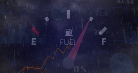 Image of speedometer and statistical data processing against rain and clouds in the sky. Automobile...