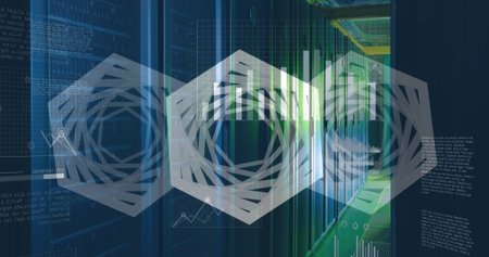 Image of hexagonal shapes and data processing against computer server room. Computer interface and...