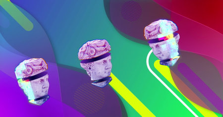 Image of antique head sculptures over neon shapes on bright background. Abstract, shape, colour and movement concept digitally generated image.の写真素材