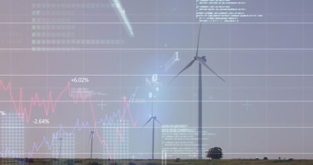 Image of graphs, binary codes and computer language over windmills against sky. Digital composite,...