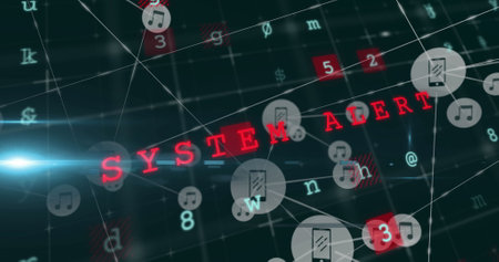 Image of system hacked, malware, alert text, letters, numbers, connected phone and music icons....