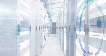 Image of padlock and card icon in circle over data server room. Digital composite, network security,...