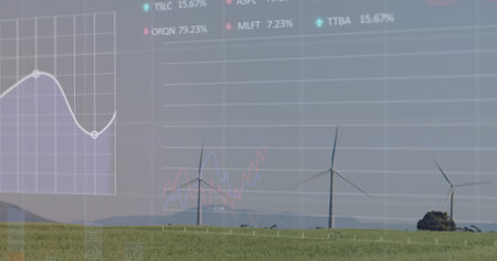 Image of statistical, stock market data processing over spinning windmills on grassland. Global...