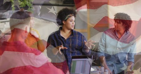 Image of flags of usa over diverse business people in office. Global business, patriotism and...