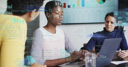 Image of data processing over diverse business people talking in office. Global business and digital...